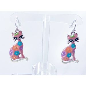 Pink Enamel Cat in Cat-eye Glasses Dangle Earrings - Super Cute!